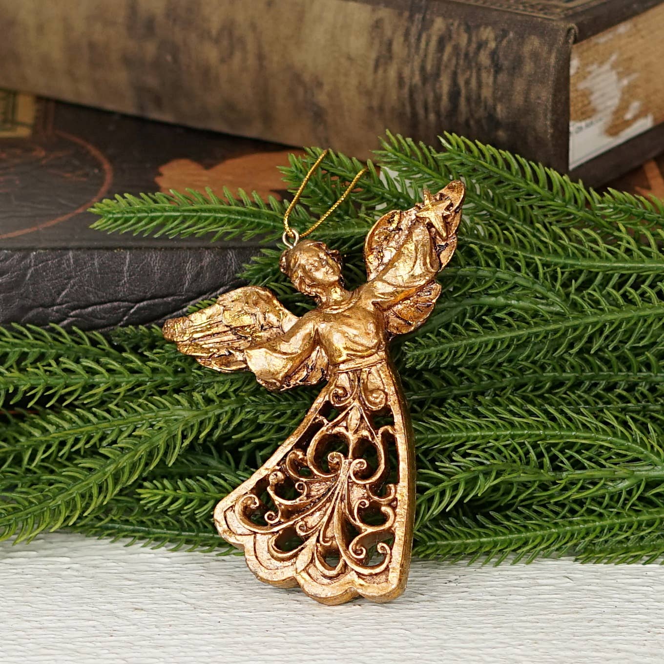 CC Polyresin Golden Flying Angel Ornament- 4.5" x 3"