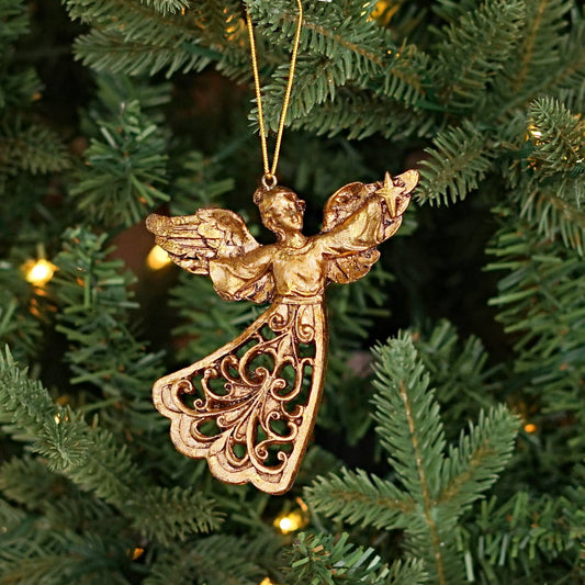 CC Polyresin Golden Flying Angel Ornament- 4.5" x 3"